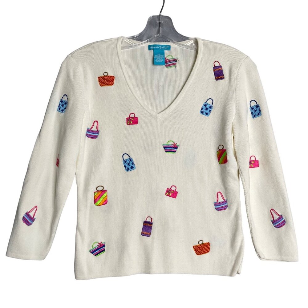 Vintage Alexandra Bartlett Purse Embroidered Sweater Woemns S V Neck Novelty‎